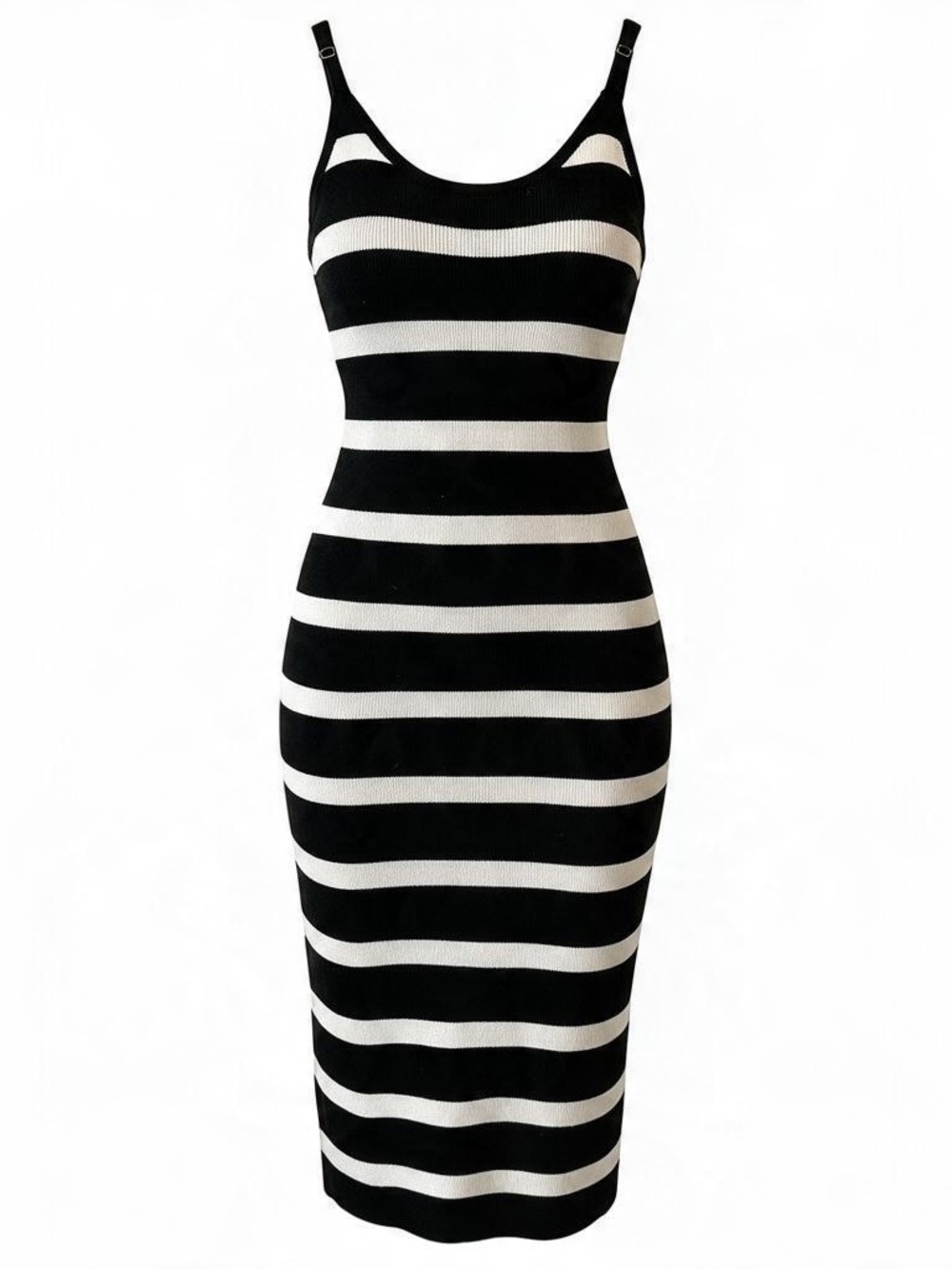 Revamped Wide Striped Black and White Fitted Midi Dress